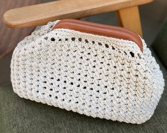 Crochet Bag, Handmade Leather detail Clutch, Gift For Her, Tan Handbag, Mesh Pouch Bag, Handknit accessory, Woven net cotton bag, raffia