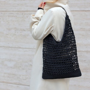 Net Bag in Black, Crochet Tote, Summer Tote Bag, Straw Mesh Bag, Handmade Shoulder bag, Natural Crochet Bag, Waxed Cotton Tote, Bohemian bag image 6