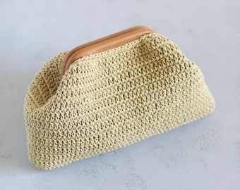Crochet Bag, Handmade Bag, Leather detail Clutch, Tan Bag, Gift For Her, Mom,  Handbag, Straw Pouch bag, Hand knit accessory, Summer Bag