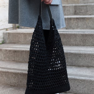 Net Bag in Black, Crochet Tote, Summer Tote Bag, Straw Mesh Bag, Handmade Shoulder bag, Natural Crochet Bag, Waxed Cotton Tote, Bohemian bag Black