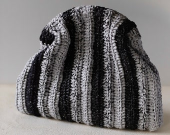 Crochet Raffia Clutch, Glitter Pouch Bag, Straw Handmade Bag, Evening Clutch, Striped black Handbag, Gift for her, Hand knit accessory