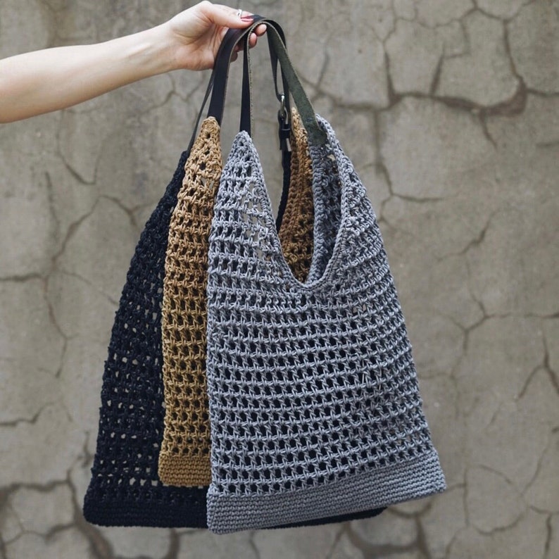 Net Bag in Black, Crochet Tote, Summer Tote Bag, Straw Mesh Bag, Handmade Shoulder bag, Natural Crochet Bag, Waxed Cotton Tote, Bohemian bag image 7