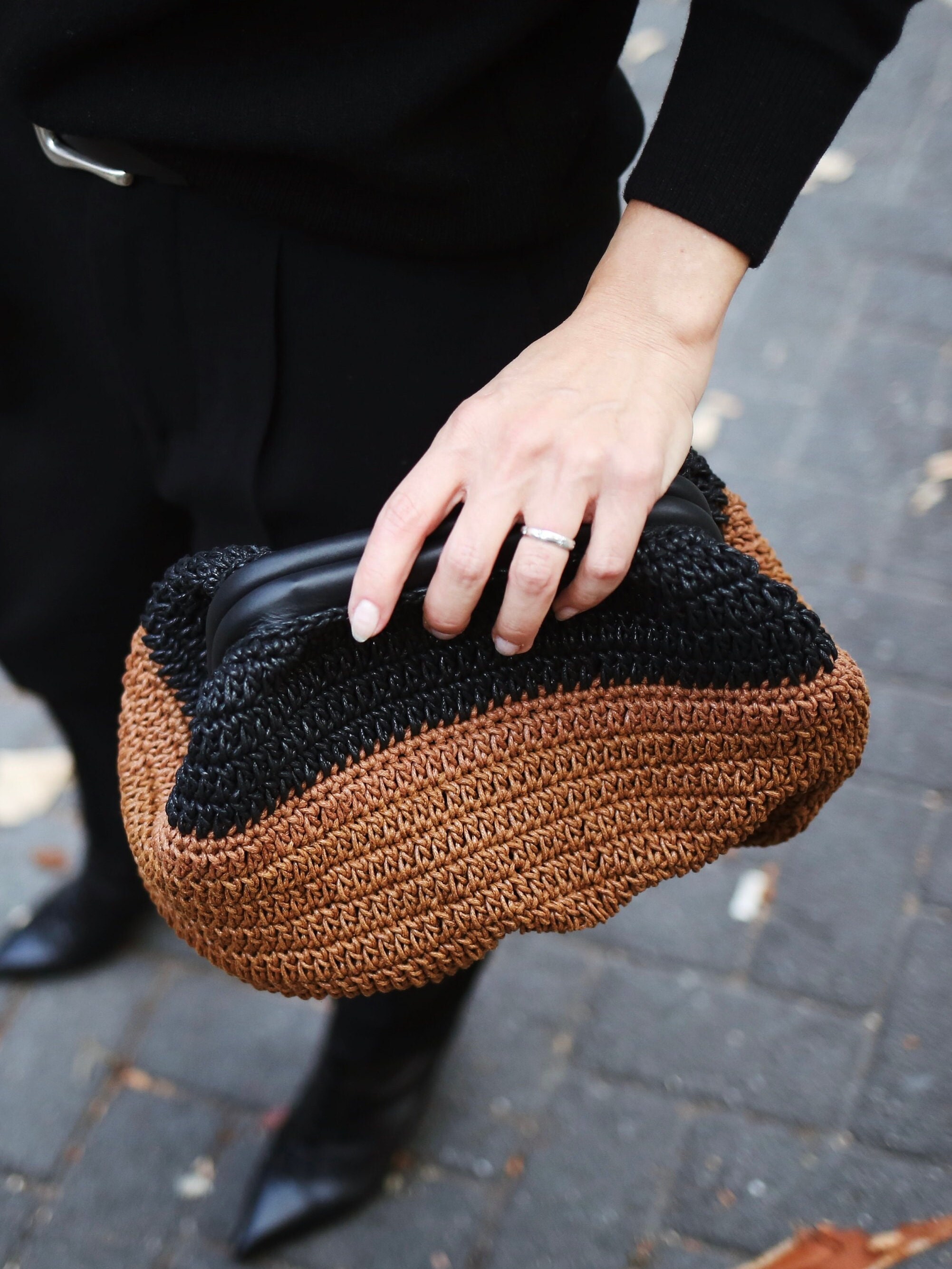 Vintage Brown Crochet Clutch Vintage Brown Cordé Clutch Lucite Handle | Modern Versatility main image 3