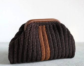 Crochet Bag, Handmade Bag, Leather detail Clutch, Brown Bag, Gift For Her, Handbag, Straw Pouch, Hand knit accessory, Woven pouch bag, mom