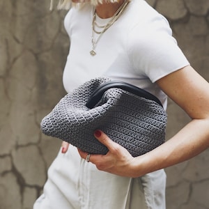 Handmade Crochet Clutch: Gray Waxed Cotton Bag with Leather Detail