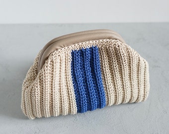 Crochet Bag, Handmade Bag, Leather detail Clutch, Blue Beige Handbag, Gift For Her, Mom, Straw Pouch bag, Birthday gift, Hand knit accessory
