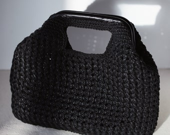 Crochet Bag, Handmade Bag, XL Black Handbag, Leather detail Clutch, Gift , Straw Pouch bag, Hand knit accessory, Woven bag, Raffia, Cotton