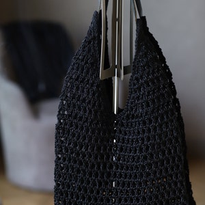Net Bag in Black, Crochet Tote, Summer Tote Bag, Straw Mesh Bag, Handmade Shoulder bag, Natural Crochet Bag, Waxed Cotton Tote, Bohemian bag image 4
