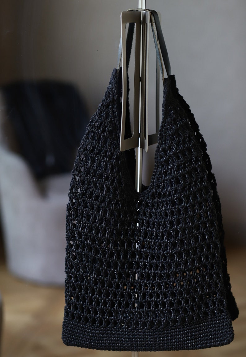 Net Bag in Black, Crochet Tote, Summer Tote Bag, Straw Mesh Bag, Handmade Shoulder bag, Natural Crochet Bag, Waxed Cotton Tote, Bohemian bag image 4