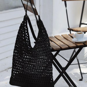 Net Bag in Black, Crochet Tote, Summer Tote Bag, Straw Mesh Bag, Handmade Shoulder bag, Natural Crochet Bag, Waxed Cotton Tote, Bohemian bag image 9