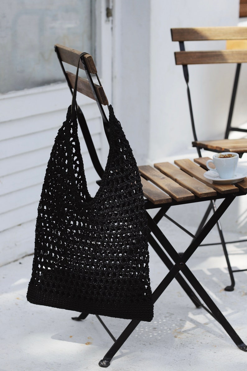 Net Bag in Black, Crochet Tote, Summer Tote Bag, Straw Mesh Bag, Handmade Shoulder bag, Natural Crochet Bag, Waxed Cotton Tote, Bohemian bag image 9