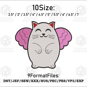 May include: Embroidery design of a white cat with pink angel wings. The design is available in 10 sizes: 2.5 inches, 3 inches, 3.5 inches, 4 inches, 4.5 inches, 5 inches, 5.5 inches, 6 inches, 6.5 inches, and 7 inches. The design is available in 9 formats: DST, JEF, SEW, XXX, HUS, PEC, PES, VP3, and EXP.