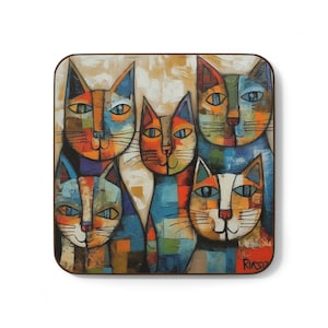 Mosaic Cats in the Style of Pablo Picasso and Paul Klee AI Generated  Variant 2 Hardboard Back Coaster