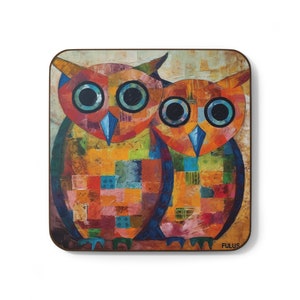 Picasso meets Paul Klee- Two Owls colorful mosaic- AI inspired design- -,Hardboard Back Coaster