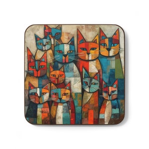 Picasso meets Paul Klee- Many Cats mosaic- AI inspired design- -,Hardboard Back Coaster