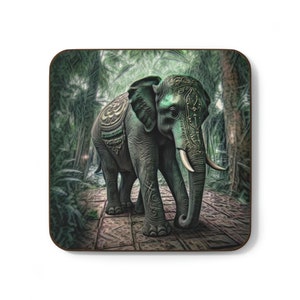 Smaragdgrüner Elefant mit Ganesh Dekor AI Generiert Variante 2 Hartfaserplatte Untersetzer