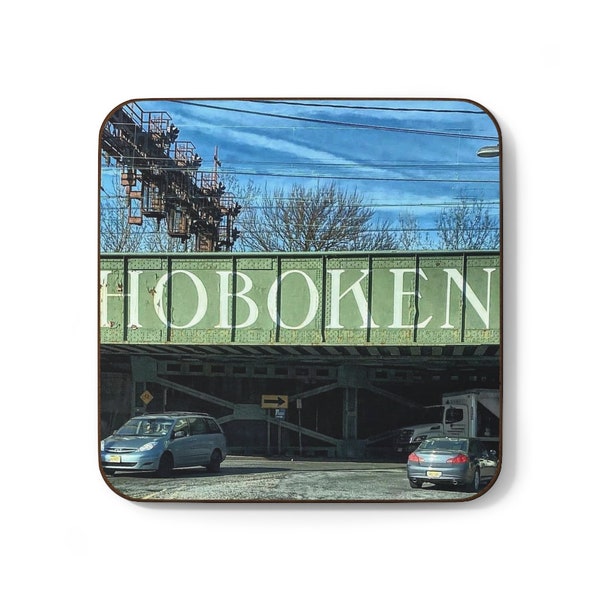 Hoboken Train Trestle Sign in Hoboken NJ Hardboard Back Coaster