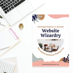 May include: A pink and white planner with a grid pattern and abstract shapes in blue, brown, and gray. The text "Strategic Planner & Journal Website Wizardry The Online Business Planner Co." is printed on the cover. The website address "theonlinebusinessplanner.com" is printed at the bottom of the cover.