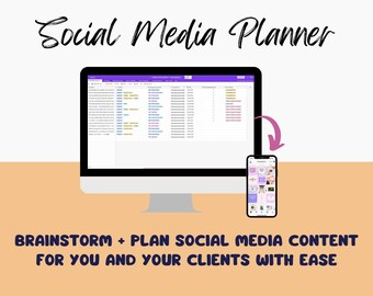 May include: A computer screen displaying a social media planner app with a purple and white interface. The app has a calendar view and a list of social media posts. A smartphone is shown next to the computer screen, displaying a grid of social media posts. The text "BRAINSTORM + PLAN SOCIAL MEDIA CONTENT FOR YOU AND YOUR CLIENTS WITH EASE" is displayed below the image.