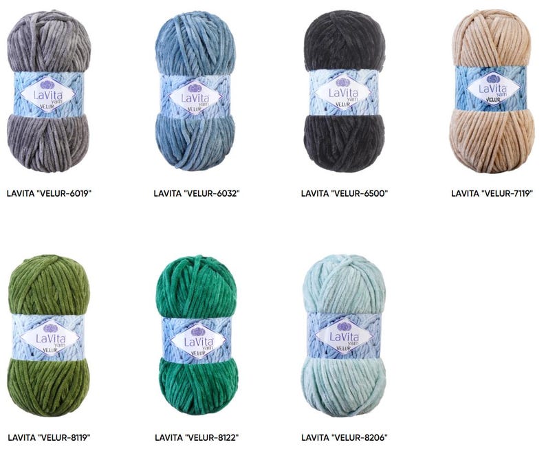 May include: Eight skeins of LaVita Velur yarn in various colors, including gray, blue, black, tan, green, and teal. Each skein is labeled with its color code. The yarn is soft and plush, ideal for knitting and crochet projects.