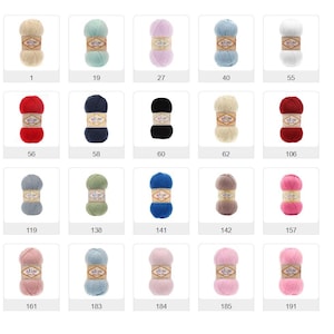 Puede incluir: Una colecci&oacute;n de madejas de hilo de colores, cada una etiquetada con un n&uacute;mero. El hilo est&aacute; disponible en una variedad de colores, incluyendo beige, azul, rosa, rojo y blanco. El hilo es probablemente para proyectos de tejido o ganchillo.