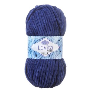 May include: A ball of navy blue LaVita Velur yarn. The yarn is a soft, plush material with a ribbed texture. A light blue and white label wraps around the center of the yarn ball, displaying the brand name and product type.