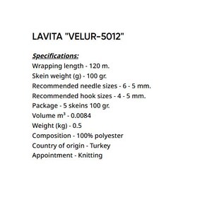 May include: Text on a white background reads "LAVITA VELUR-5012" and specifications for knitting yarn. The specifications include wrapping length of 120 meters, skein weight of 100 grams, and recommended needle sizes of 6-5 mm.