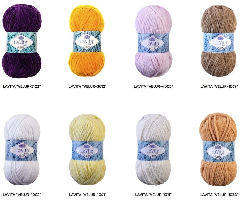 May include: Eight skeins of Lavita Velur yarn in various colors, including purple, yellow, light pink, brown, white, and light yellow. Each skein is labeled with its color code. The yarn is wrapped with a blue and white label.