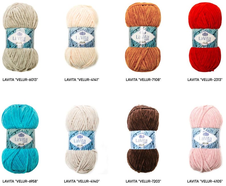 May include: Eight skeins of La Vita Velur yarn in various colors, including beige, orange, red, teal, brown, and pink. Each skein is wrapped with a blue and white label. The yarn is soft and plush, ideal for knitting and crochet projects.