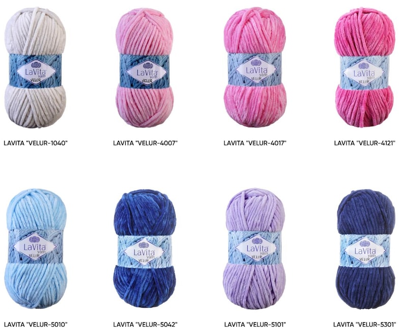 May include: Eight skeins of Lavita Velur yarn in various colors, including white, pink, blue, and purple. Each skein is wrapped with a blue and white label. The yarn is labeled with the name and color code.