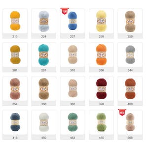Puede incluir: Una colecci&oacute;n de madejas de hilo de la marca Alize en varios colores, incluyendo amarillo, azul, verde y marr&oacute;n. Cada madeja est&aacute; etiquetada con un n&uacute;mero. La imagen es un cat&aacute;logo de productos para hilo, mostrando los colores disponibles y los c&oacute;digos de producto.