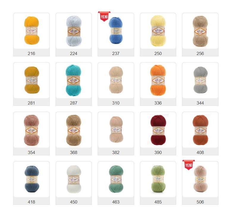 Puede incluir: Una colecci&oacute;n de madejas de hilo de la marca Alize en varios colores, incluyendo amarillo, azul, verde y marr&oacute;n. Cada madeja est&aacute; etiquetada con un n&uacute;mero. La imagen es un cat&aacute;logo de productos para hilo, mostrando los colores disponibles y los c&oacute;digos de producto.