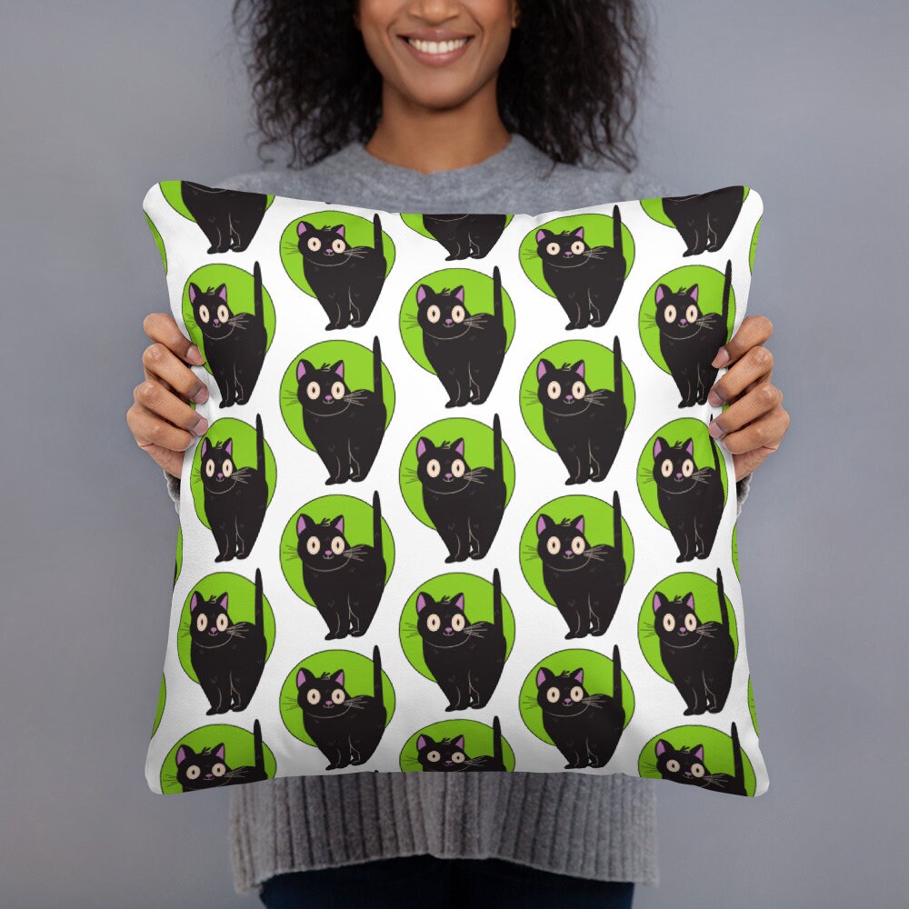 Coussin Imprimé Chat Noir et Vert