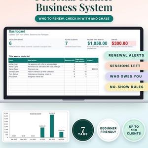 Personal Trainer Client Tracker, Session Packages & Renewals Dashboard | Google Sheets and Excel Spreadsheet