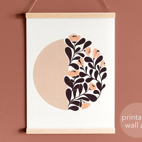 Northern Folk art Flower Moon | Printable| Linocut style illustration| boho chic| wood block print| folk art| minimalist| bohemian| Lino