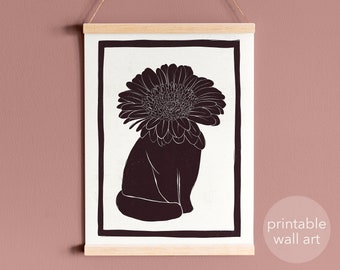 Flower Head Black Cat | Printable| Linocut style illustration| boho chic| block print| print making| cat lover gift|