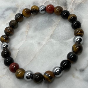 Men’s Red Jasper, Tigers Eye, & Hematite Beaded Bracelet.