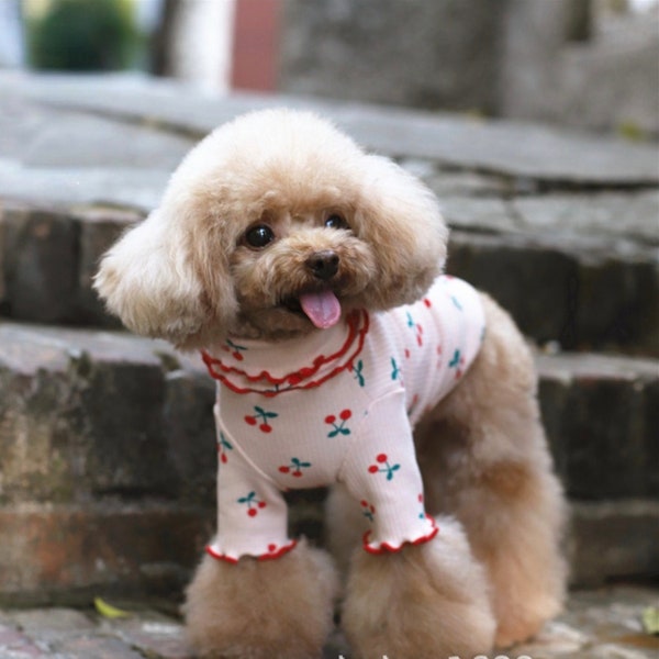 Dog Sweaters | Cherry Print Pure Cotton Wave Side Lapel Top Dog Clothes Pet Clothes Autumn Pet Clothes Sweaters for Pets Dog | Teddy Clothes