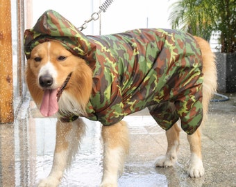 Big Dog Camo Raincoat | Four-legged Hooded Waterproof Rain Coat | Golden Retriever | Large Dog Clothes | Raining Coat Army Green