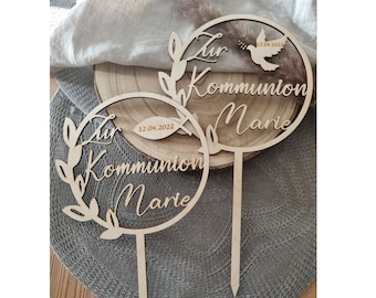 Caketopper zu Kommunion, mit Namen personalisiert, Tortenstecker, Holz