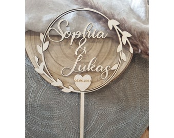 Cake topper for wedding, anniversary, personalized with name and date, wood