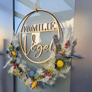Door sign with family name, door wreath, made of wood, personalized