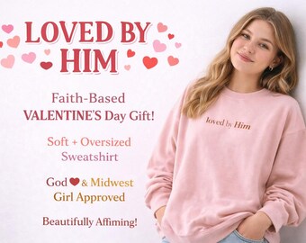 Sudadera cristiana de San Valentín con cuello redondo y texto "Loved Faith" para mujer