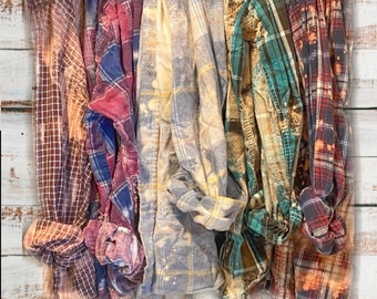 Random Surprise Bleached Flannel/Boho Grunge/Distressed Bleached Flannel/Upcycled Bleached Flannel Shirt/Hand Distressed Flannel/Reworked