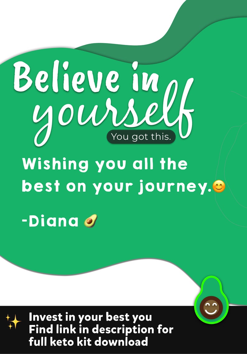 May include: Green and white motivational quote graphic with the text "Believe in yourself. You got this. Wishing you all the best on your journey." and an avocado emoji. The graphic also includes a smiling avocado emoji and the text "Invest in your best you. Find link in description for full keto kit download."