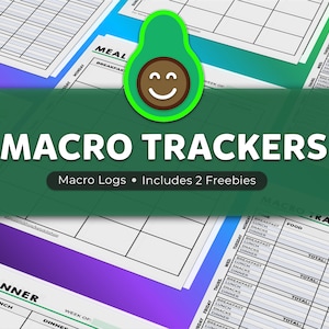 Könnte beinhalten: Eine grüne Avocado-Grafik mit einem lächelnden Gesicht, Text mit der Aufschrift "MACRO TRACKERS" und die Worte "Macro Logs - Includes 2 Freebies". Das Bild zeigt auch einen druckbaren Planer mit einem wöchentlichen Layout zur Verfolgung von Mahlzeiten und Makros.