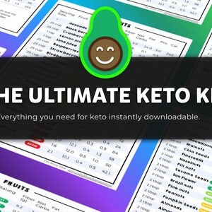 May include: A colorful chart with the title "The Ultimate Keto Kit" and the text "Everything you need for keto instantly downloadable." The chart lists various fruits and nuts with their nutritional information, including fiber, net carbs, fat, protein, and calories. The chart is divided into two sections: "Fruits" and "Nuts & Seeds".