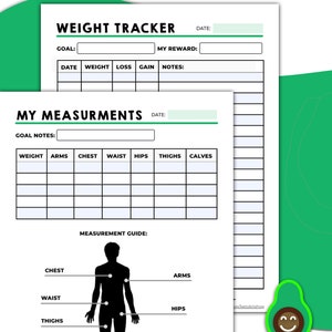 Puede incluir: Un rastreador de p&eacute;rdida de peso imprimible con secciones para el peso, las medidas y las notas. El rastreador incluye un contorno del cuerpo para ayudar a medir diferentes partes del cuerpo.