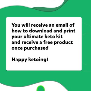 Op de afbeelding: Groene en witte grafiek met de tekst "CHECKING OUT:" en een bericht dat je een e-mail ontvangt met een keto-kit en een gratis product na aankoop. De grafiek bevat ook een afbeelding van een glimlachende avocado en de tekst "Bereik je doelen nu".