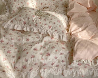 Soft Pink Floral Cotton Duvet Cover Set | Princess Lace Ruffle Duvet Cover | Cottagecore Decor | Floral Bedding | Twin Full Queen Duvet